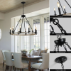 Rustic Farmhouse 10-Light Candle Chandelier, Black Metal and Wood Round Hanging Light Fixture for Dining Room, Kitchen, Living Room, Adjustable H