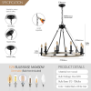 Rustic Farmhouse 10-Light Candle Chandelier, Black Metal and Wood Round Hanging Light Fixture for Dining Room, Kitchen, Living Room, Adjustable H