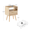 15.75" Rattan End table with Power Outlet & USB Ports , Modern nightstand with drawer and solid wood legs, side table for living room, bedroom,na