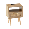 15.75" Rattan End table with Power Outlet & USB Ports , Modern nightstand with drawer and solid wood legs, side table for living room, bedroom,na
