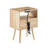 15.75" Rattan End table with Power Outlet & USB Ports , Modern nightstand with drawer and solid wood legs, side table for living room, bedroom,na