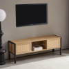54.33" Rattan TV cabinet with variable color light strip, double sliding doors for storage, adjustable shelf, metal legs, TV console for living r