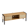 54.33" Rattan TV cabinet with variable color light strip, double sliding doors for storage, adjustable shelf, metal legs, TV console for living r