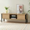 54.33" Rattan TV cabinet with variable color light strip, double sliding doors for storage, adjustable shelf, metal legs, TV console for living r