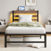 Twin Size Heavy Duty Platform Bed Frame With Headboard, USB Charging Station, LED Light