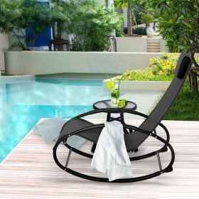 Outdoor Chaise Rocking Lounger With Headrest Pillow (Color: Black)