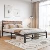 Queen Size Platform Bed Frame With Rustic Vintage Wood Headboard