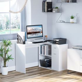 L-Shaped White Computer Desk With Rotating Shelves And Drawer (Color: White)