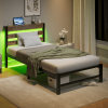 Twin Size Heavy Duty Platform Bed Frame With Headboard, USB Charging Station, LED Light