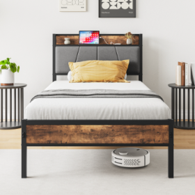Storage Headboard With Charging Station Twin Size Bed Frame (Color: Black)