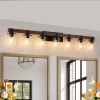50 Rustic 7-Light Vanity Light, Industrial Bathroom Wall Sconce With Glass Shades And Wood Accent, Modern Farmhouse Lighting Fixture No Bulbs