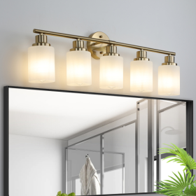 5 Lamps Gold Bathroom Vanity Lamp, Frosted Glass Shade, Modern Wall Mounted Lighting - No Bulbs Unavailable Platforms- Temu (Option: Golden)