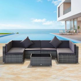 7 Piece Wicker Patio Sectional Sofa With Cushions & Tempered Glass Coffee Table (Option: Gray)