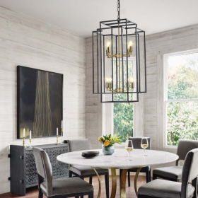 8 Lights Black & Gold Lantern Tiered Chandelier, Industrial Farmhouse Chandelier - No Bulbs Unavailable Platform- Temu (Option: Black and Gold)