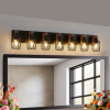 Industrial Vintage 7-Light Wall Sconce - Black Cage Wall Lighting Fixture With Wooden Accents For Bathroom, Hallway, Or Living Room Bulb Not Incl