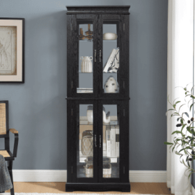 Lighted Glass Curio Display Cabinet (Color: Black)