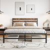 Queen Size Platform Bed Frame With Rustic Vintage Wood Headboard
