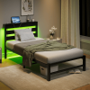 Twin Size Heavy Duty Platform Bed Frame With Headboard, USB Charging Station, LED Light