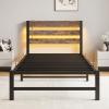 Twin Size Heavy Duty Platform Bed Frame With Headboard, USB Charging Station, LED Light