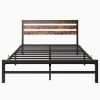 Queen Size Platform Bed Frame With Rustic Vintage Wood Headboard