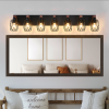 Industrial Vintage 7-Light Wall Sconce - Black Cage Wall Lighting Fixture With Wooden Accents For Bathroom, Hallway, Or Living Room Bulb Not Incl