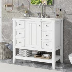 36" Bathroom Vanity With Sink, One Cabinet And Three Drawers (Color: White)