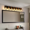 Industrial Vintage 7-Light Wall Sconce - Black Cage Wall Lighting Fixture With Wooden Accents For Bathroom, Hallway, Or Living Room Bulb Not Incl