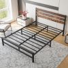 Queen Size Platform Bed Frame With Rustic Vintage Wood Headboard