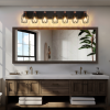 Industrial Vintage 7-Light Wall Sconce - Black Cage Wall Lighting Fixture With Wooden Accents For Bathroom, Hallway, Or Living Room Bulb Not Incl