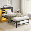Twin Size Heavy Duty Platform Bed Frame With Headboard, USB Charging Station, LED Light